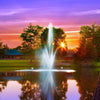 Image of Scott 3HP Fountain with Atriarch Pattern Operating in a Pond at Dusk with Lights 13015