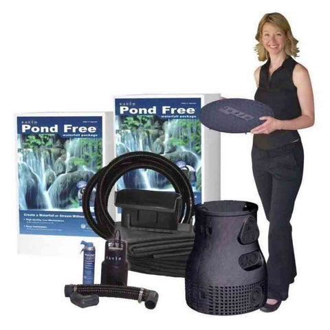 Savio 13 ft. Pond Free Waterfall Kit PF1000 Showing a Lady holding a Lid for the Waterfall well with the Waterfall Weir Tubing EPDM Liner Submersible Pump and Discharge Kit