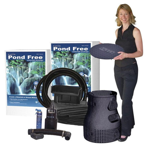 Savio 8' Pond Free Waterfall Package PF0500 Showing FilterWeir Pump Pump Vault Liner and Tubing with a Lady in the picture