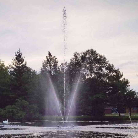 Scott 1HP Pond Fountain Clover Pattern by Scott Aerator Operating in a Pond with Trees at the Back 13000
