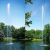 Image of Scott 1-1/2HP Pond Fountain Jet Stream Pattern by Scott Aerator Operating in a Pond with Trees at the Back 13524