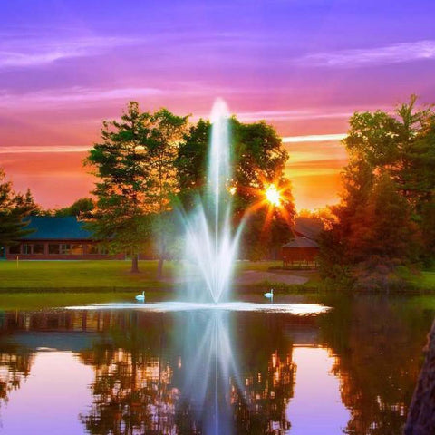 Scott 3HP Fountain with Atriarch Pattern Operating in a Pond at Dusk with Lights 13015