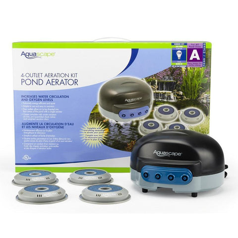 Aquascape 4-Outlet Pond Aeration Kit Complete with 4 Diffusers and Box at the Back 75001