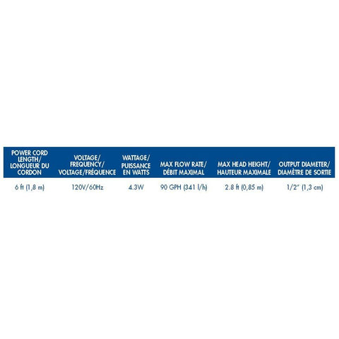 Specifications for Aquascape  90 GPH Water Pump For Decorative Fountains 91024