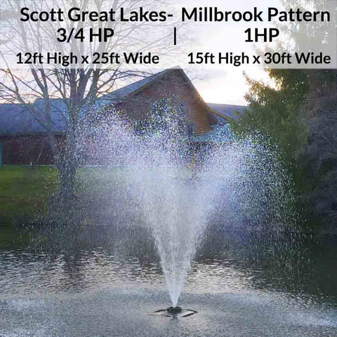 The Great Lakes Fountain by Scott Aerator Shown with Dimensions of Millbrook Pattern for 3/4HP and 1HP motors