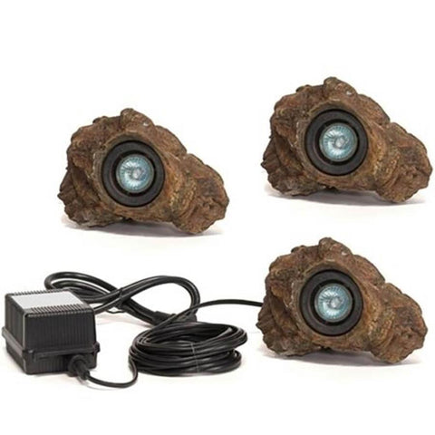 Anjon Ignite Rock Lights - 1.5 Watt Rock Light Package 3x1.5WRLKIT Showing 3 Rock Lights with the Transformer and Electrical Cord