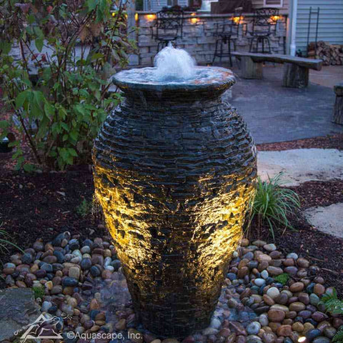 Aquascape Medium Stacked Urn Fountain Kit Operating in the Yard with Lights 58090
