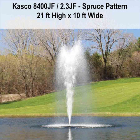 Kasco 2HP Decorative Fountain 8400JF 2.3JF with Spruce Pattern Operating in a Pond with Trees