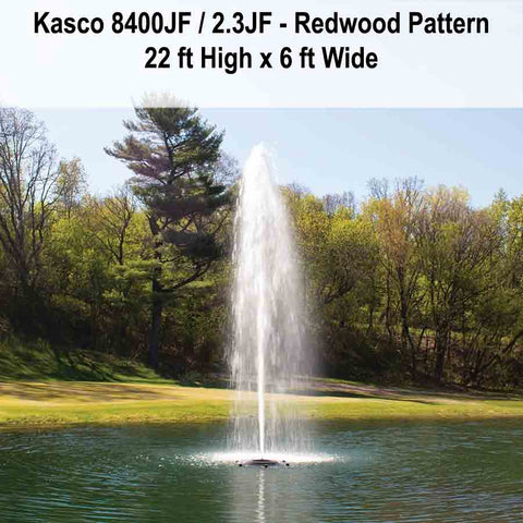 Kasco 2HP Decorative Fountain 8400JF 2.3JF with Redwood Pattern Operating in a Pond with Trees