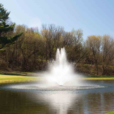 Kasco 2HP Decorative Fountain 8400JF 2.3JF with Balsam Pattern Operating in a Pond with Trees