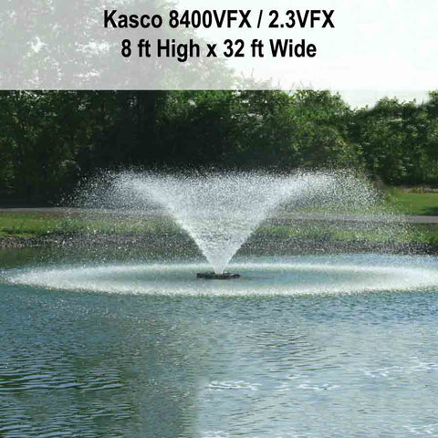 Kasco 2HP Aerating Fountain 8400VFX 2.3VFX with V-Shape Pattern Nozzle Operating in a Pond with Trees
