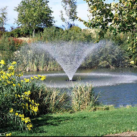 Kasco 2HP Aerating Fountain 8400VFX 2.3VFX with V-Shape Pattern Nozzle Operating in a Pond with Plants