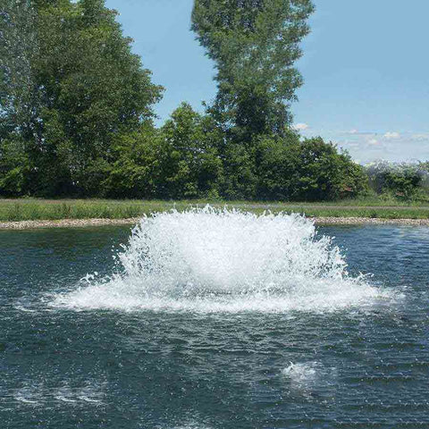 Kasco 3-Phase 2HP Surface Aerator 2.3AF Operating in a Pond with Trees and Plants in the Back