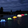 Image of Kasco Surface Aerators Operating in a Pond at night shown as a group from 1/2HP to 5HP with colorful lights