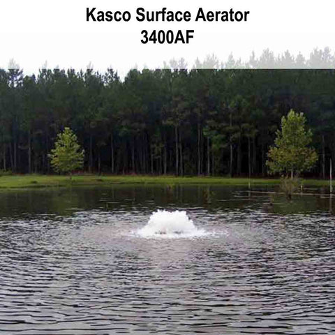 Kasco 3/4HP Surface Aerator 3400AF Operating in a Pond with Trees at the Back 115V/230V