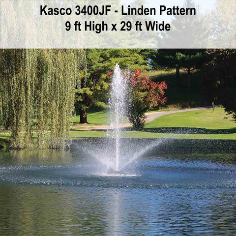 Kasco 3/4HP Decorative Fountain 3400JF with Linden Pattern Operating in a Pond with Trees at the Back 115V/230V