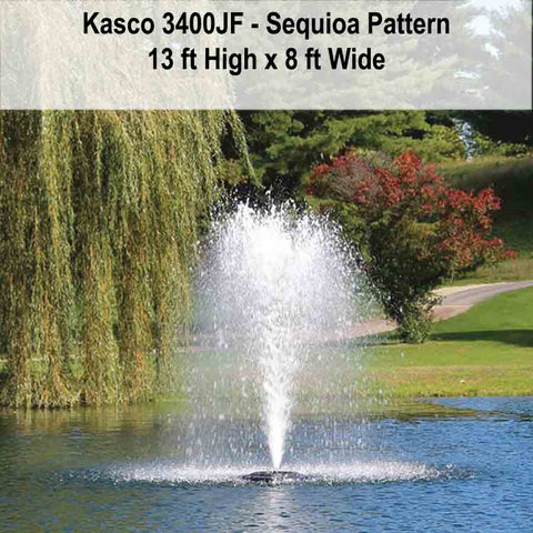 Kasco 3/4HP Decorative Fountain 3400JF with Sequoia Pattern Operating in a Pond with Trees at the Back 115V/230V