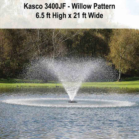 Kasco 3/4HP Decorative Fountain 3400JF with Willow Pattern Operating in a Pond with Trees at the Back 115V/230V