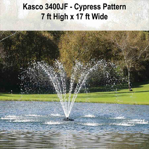 Kasco 3/4HP Decorative Fountain 3400JF with Cypress Pattern Operating in a Pond with Trees at the Back 115V/230V