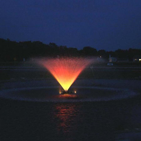Kasco 5HP Aerating Fountain 5.1VFX Operating in a Pond at Night with Lights