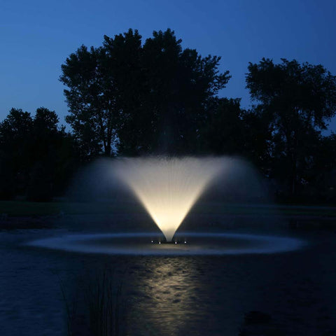 Kasco 3-Phase 5HP Aerating Fountain 5.3VFX 230V Operating in a Pond at Night with White Lights