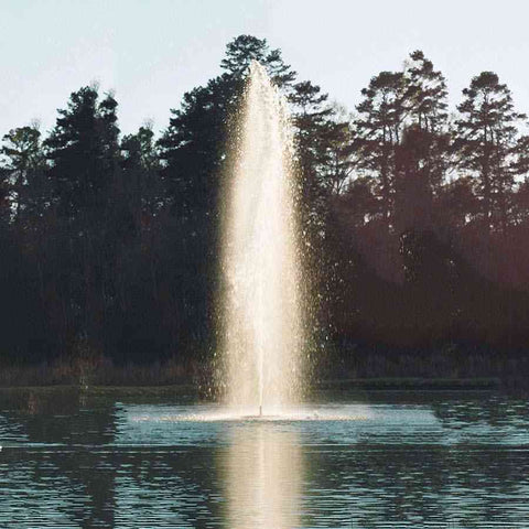 Kasco 5HP Decorative Fountain 5.1JF 5.3JF 230V with Spruce Pattern Operating in a Pond with Trees at the Back