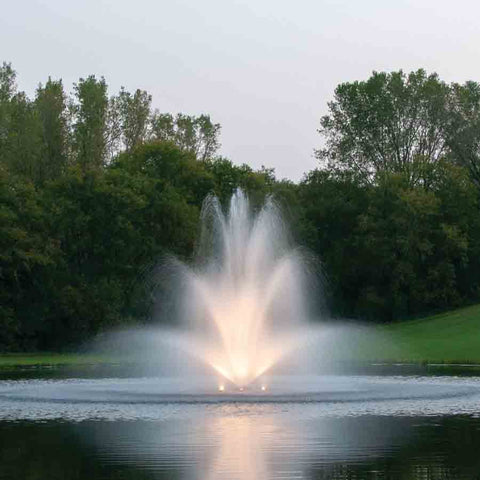 Kasco 5HP Decorative Fountain 5.1JF 5.3JF 230V Operating in a Pond with Warm White Lights