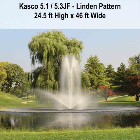 Kasco 5HP Decorative Fountain 5.1JF 5.3JF 230V with Linden Pattern Operating in a Pond with Trees at the Back