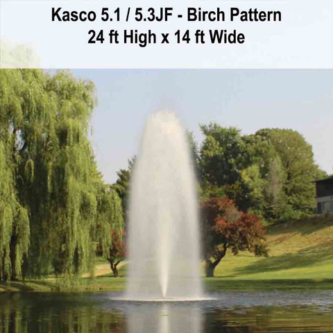 Kasco 5HP Decorative Fountain 5.1JF 5.3JF 230V with Birch Pattern Operating in a Pond with Trees at the Back