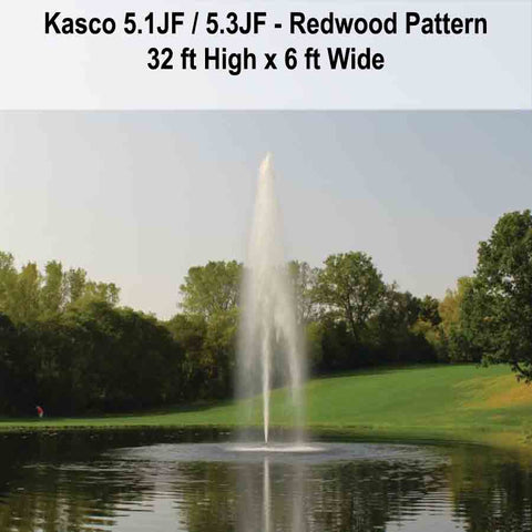 Kasco 5HP Decorative Fountain 5.1JF 5.3JF 230V with Redwood Pattern Operating in a Pond with Trees at the Back