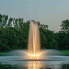 Kasco 5HP Decorative Fountain 5.1JF 5.3JF 230V Operating in a Pond with Linden Pattern and Warm White Lights