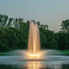 Image of Kasco 5HP Decorative Fountain 5.1JF 5.3JF 230V Operating in a Pond with Linden Pattern and Warm White Lights
