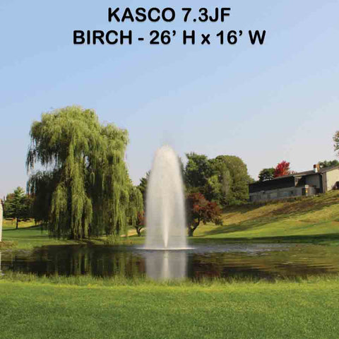 Kasco 3-Phase 7HP Decorative Fountain 7.3JF 230V with Birch Pattern Operating in a Pond with Trees at the Back