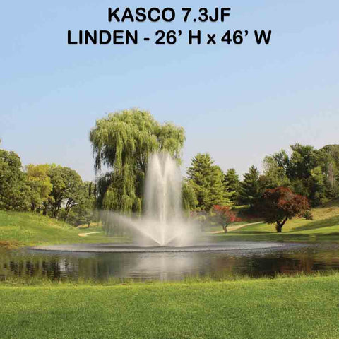 Kasco 3-Phase 7HP Decorative Fountain 7.3JF 230V with Linden Pattern Operating in a Pond with Trees at the Back