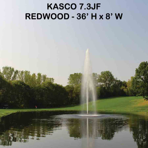Kasco 3-Phase 7HP Decorative Fountain 7.3JF 230V with Redwood Pattern Operating in a Pond with Trees at the Back