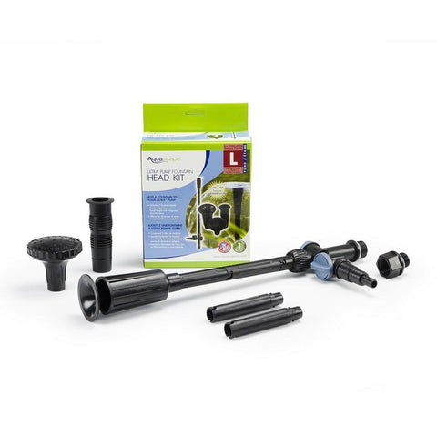 Aquascape Large Ultra Pump Fountain Head Kit Showing 3 Nozzles Extenders and Packaging 91046