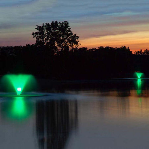 Scott 1.5HP North Star Fountain Displat Aerator Operating in a Pond at Night time with Green Lights 14026