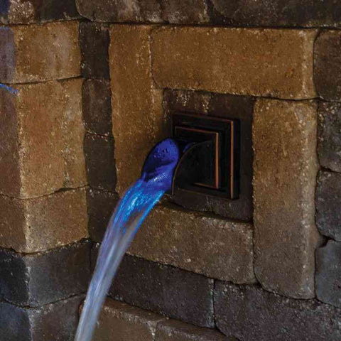 Atlantic Water Gardens Wall Spout Scuppers Sample Installation with Blue Lights